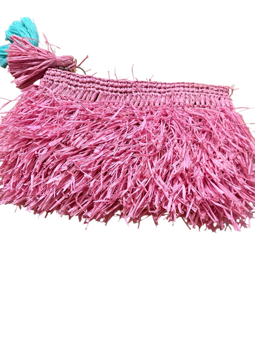 Pink Raffia Fringe Clutch with Tassel